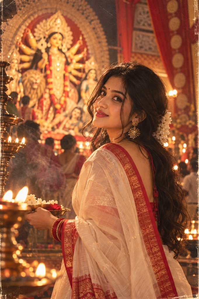 Editorial portrait: Retro vintage grainy off-white saree with red border in front of Durga Maa pandal