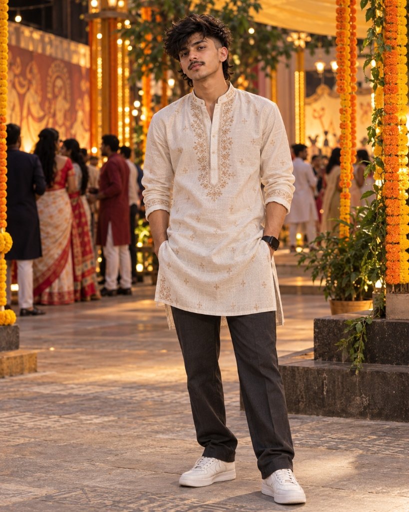 Prompt #5: Contemporary cultural venue courtyard with embroidered panjabi, charcoal trousers, white sneakers
